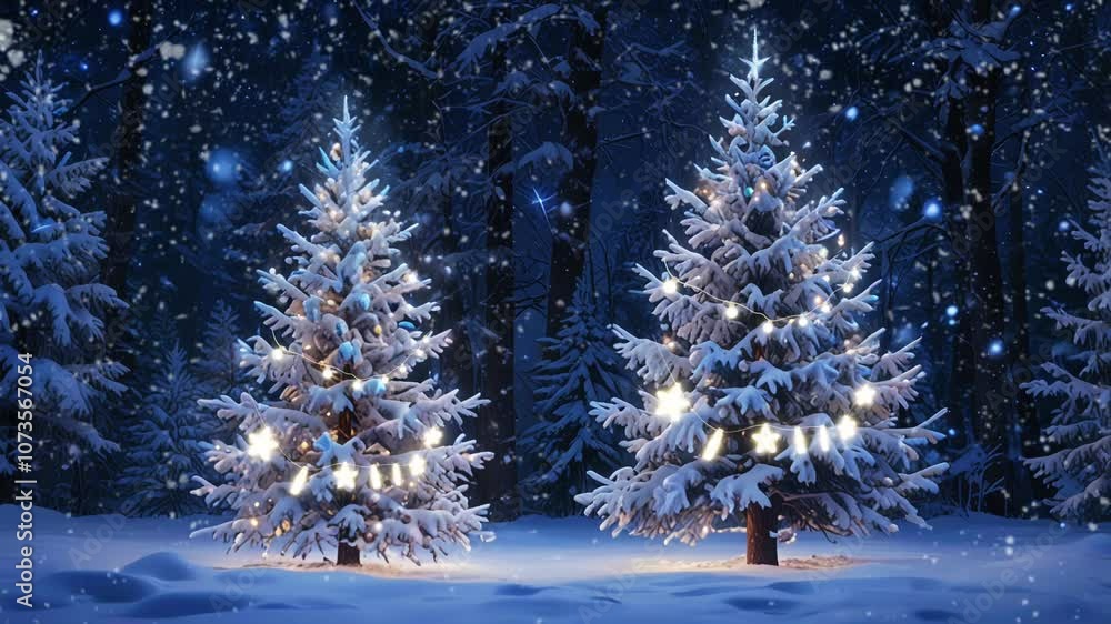 A beautiful illuminated Christmas tree stands in a snowy forest at night, creating a magical winter atmosphere, smooth 4K Loop animation video A beautiful illuminated Christmas tree stands in a snowy forest at night, creating a magical winter atmosphere, smooth 4K Loop animation video