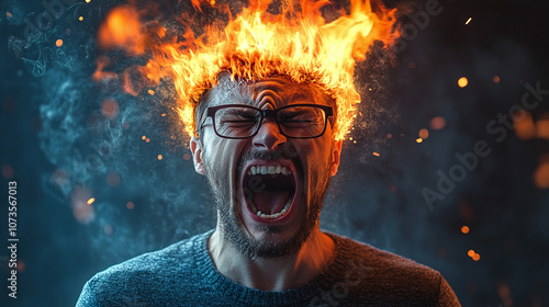 A man with an intense, enraged expression and flames surrounding his head, symbolizing stress, anger, and mental breakdown in a surreal, dramatic style.