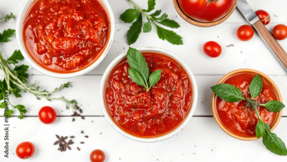 Freshly Made Homemade Tomato Sauce Perfect for Pasta, Pizza, and Italian Cuisine - Vibrant Red Sauce with Herbs and Tomatoes Freshly Made Homemade Tomato Sauce Perfect for Pasta, Pizza, and Italian Cuisine - Vibrant Red Sauce with Herbs and Tomatoes