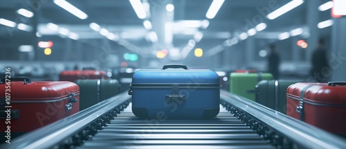 A blue suitcase stands out among a variety of colorful bags on an airport conveyor belt, symbolizing travel and adventure. photo