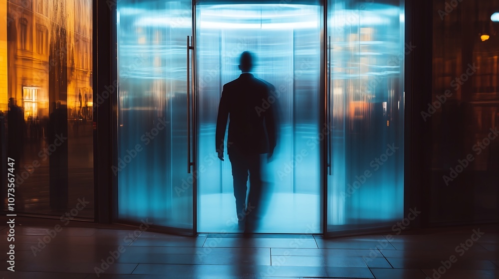 Fototapeta premium Blurred silhouette of a man entering a rotating door under a blue light in an urban setting.
