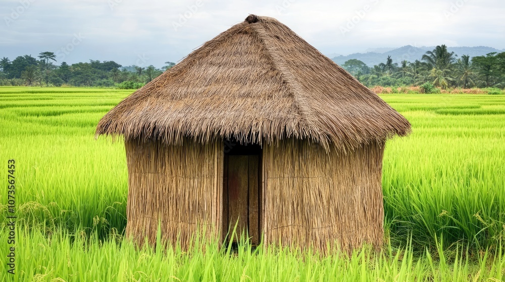 Thatched Roof Hut Surrounded by Lush Green Rice Fields in Rural Landscape with Mountains and Overcast Sky, Perfect for Creating Calming and Serene Imagery Thatched Roof Hut Surrounded by Lush Green Rice Fields in Rural Landscape with Mountains and Overcast Sky, Perfect for Creating Calming and Serene Imagery