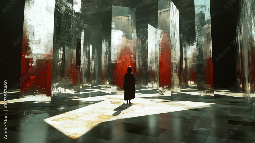 Silhouette amidst towering reflective pillars in a surreal space.