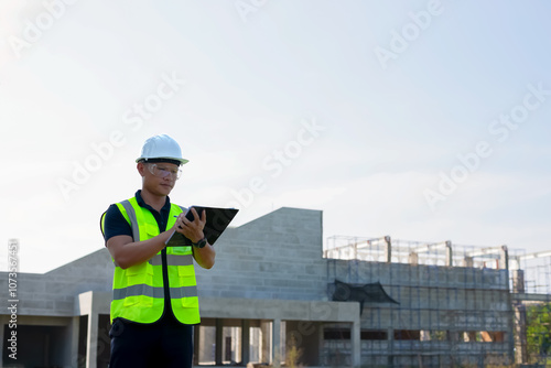 Construction engineers inspect the progress of building construction plans and inspect the structural integrity.