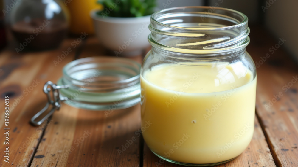 A glass jar with yellow liquid, likely tallow or lard, set on a wooden table with other jars and containers in the background. A glass jar with yellow liquid, likely tallow or lard, set on a wooden table with other jars and containers in the background.