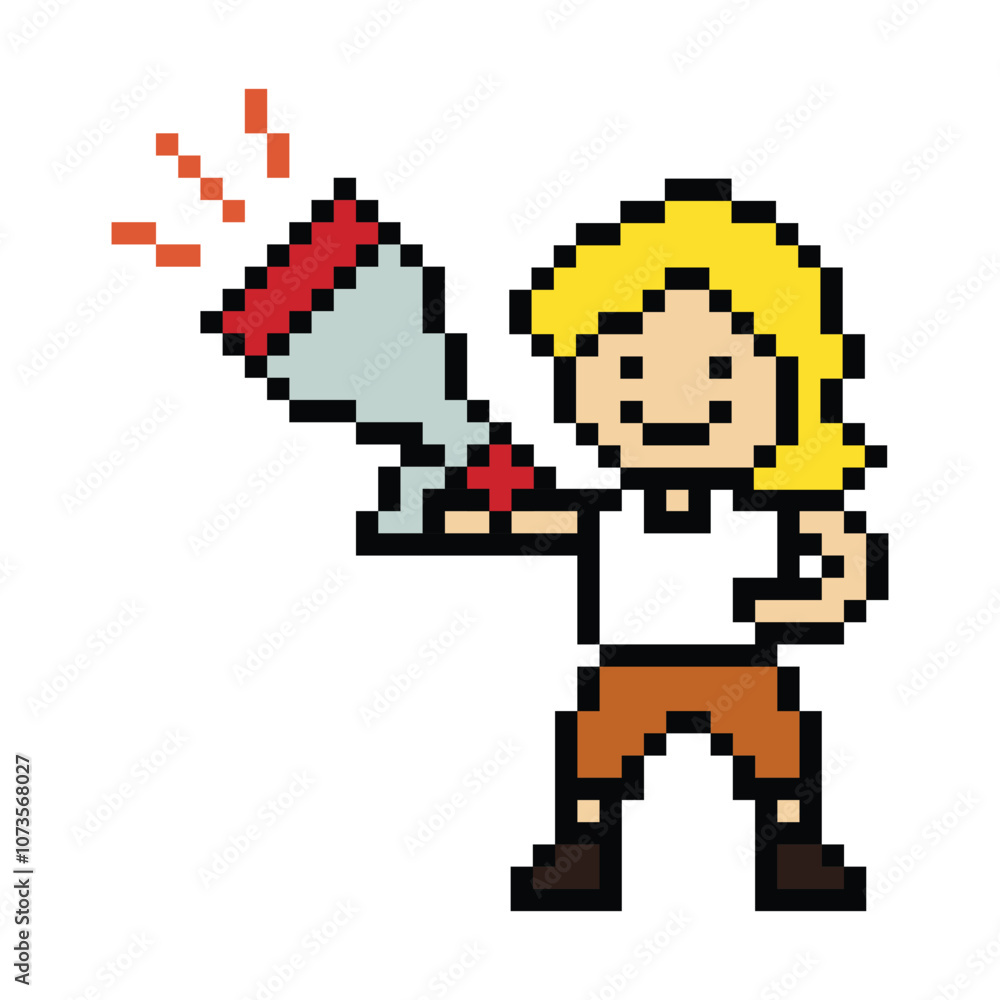 Obraz premium Cute pixel cartoon character man with megaphone announcement speaker information announce decoration 8 bit male boy megaphone cartoon pixel game png vector. 