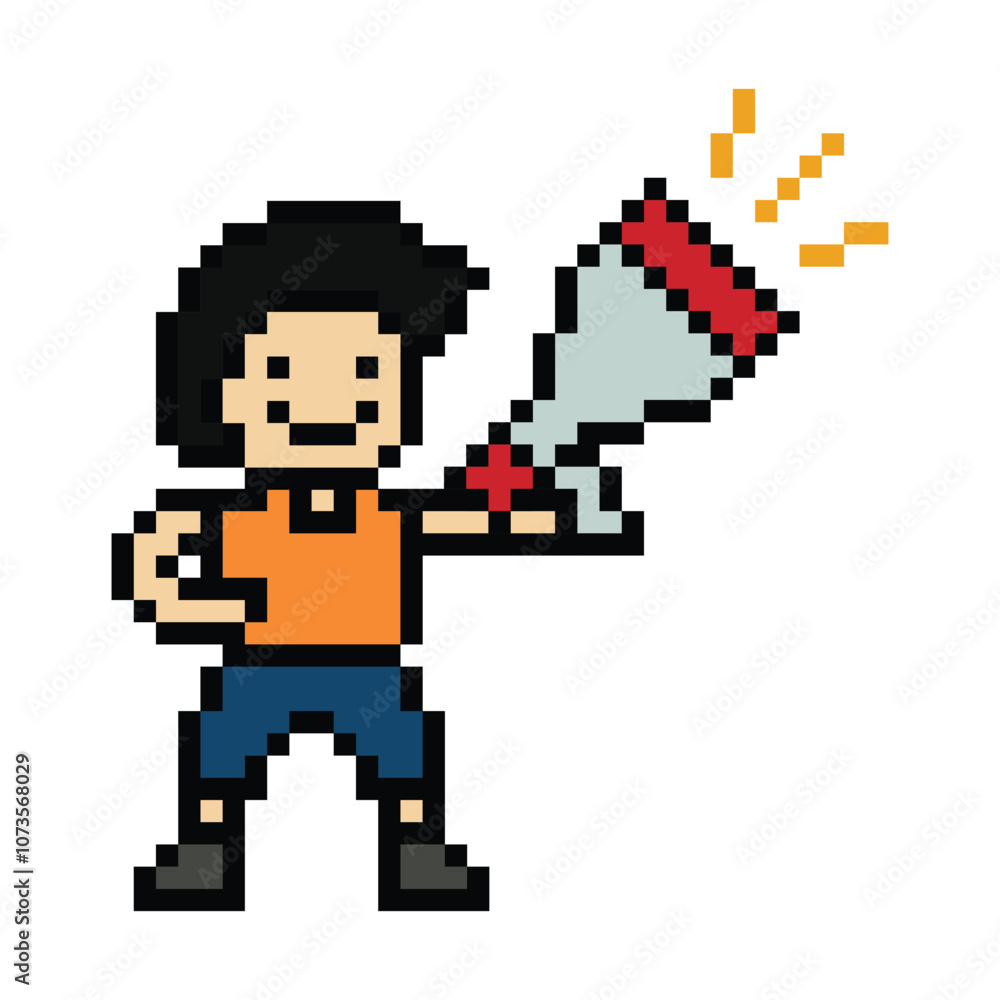 Cute pixel cartoon character man with megaphone announcement speaker information announce decoration 8 bit male boy megaphone cartoon pixel game png vector. Cute pixel cartoon character man with megaphone announcement speaker information announce decoration 8 bit male boy megaphone cartoon pixel game png vector.