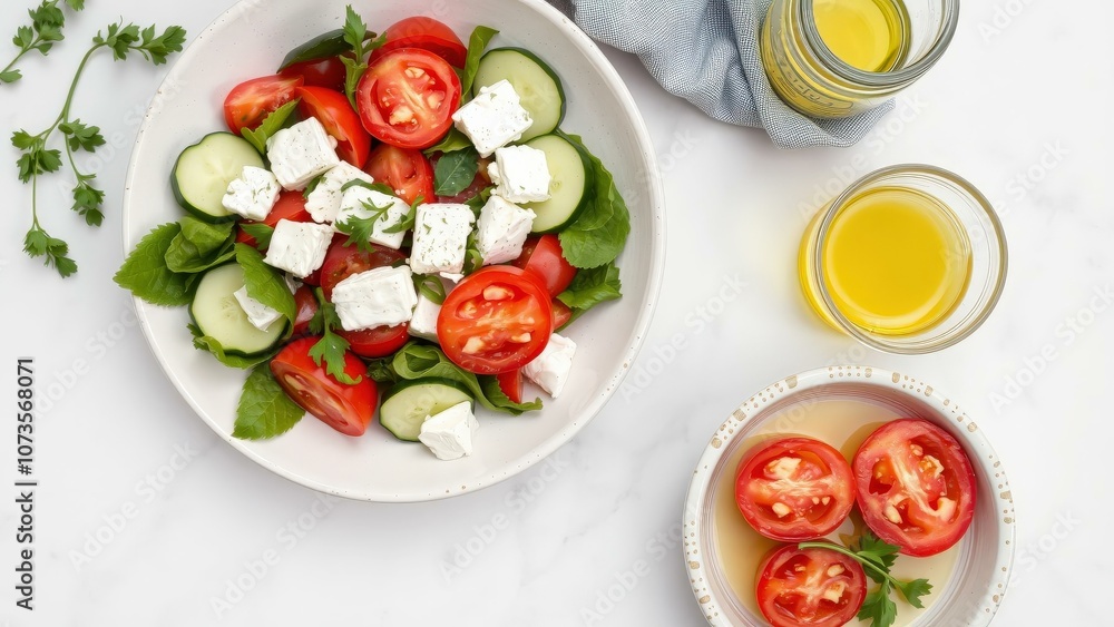 Fresh Greek Salad with Tomatoes, Cucumber, Feta, and Olive Oil - Perfect for Healthy Meals and Dieting Fresh Greek Salad with Tomatoes, Cucumber, Feta, and Olive Oil - Perfect for Healthy Meals and Dieting