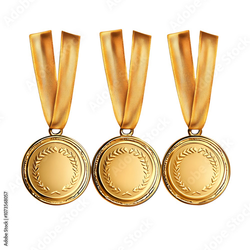 Three empty winner golden medal set isolated on transparent background. First, second and third place in competition. Game champion prize award of honor. Collection for design photo