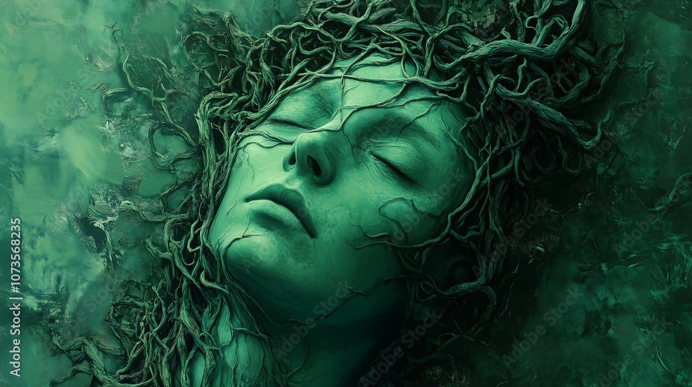 Fototapeta premium Dreamlike face entwined with surreal vines, symbolizing a fusion of nature and human form.