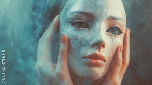 A woman holding a mask, symbolizing imposter syndrome, introspection and mystery