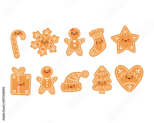 Christmas ginger cookies collection. Vector illustration of gingerbread man, gingerbread girl, candy cane, gift, Christmas tree, snowflake.