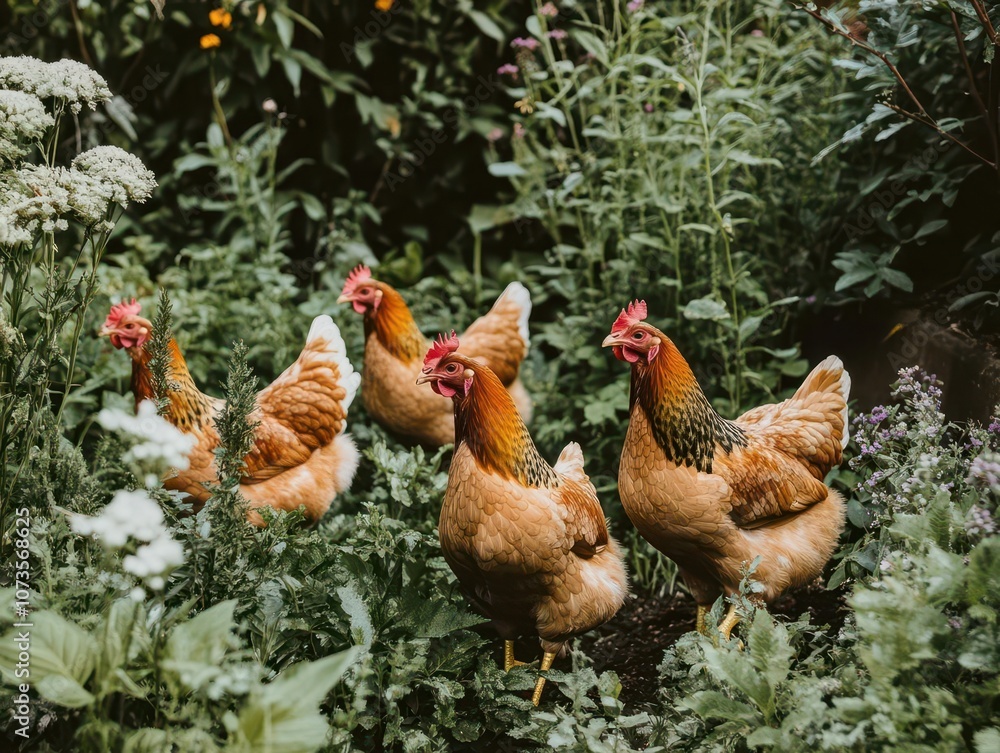 Fototapeta premium free-range chickens roaming freely in a lush garden, showcasing a vibrant outdoor farming scene that highlights animal welfare and natural living