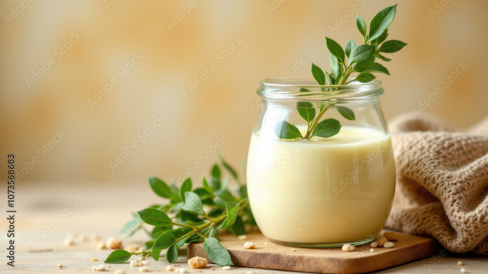 Close-up shot of a jar filled with melted yellow butter on a rustic wooden surface with herbs. Close-up shot of a jar filled with melted yellow butter on a rustic wooden surface with herbs.
