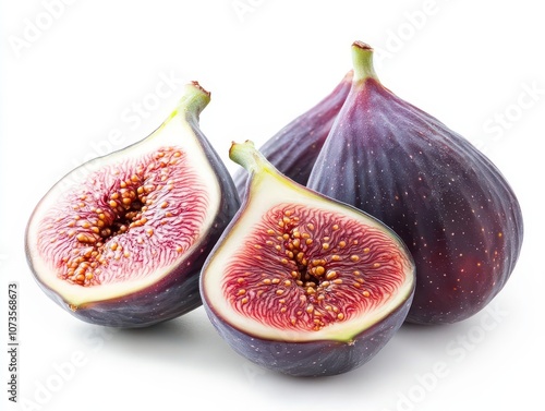 fresh purple figs sliced to reveal their vibrant seeds and rich texture, presented against a clean white background to highlight their exotic and healthy appeal