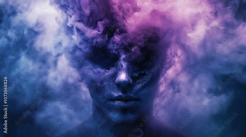 Surreal portrait of a person engulfed in swirling purple and blue smoke. Surreal portrait of a person engulfed in swirling purple and blue smoke.