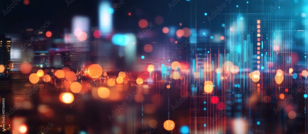 Obraz premium Abstract digital cityscape with glowing lights and data visualizations.