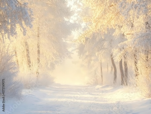 frosty winter landscape depicting a snowy forest blanketed in white, capturing the serene beauty of the christmas season, with soft light illuminating the scene