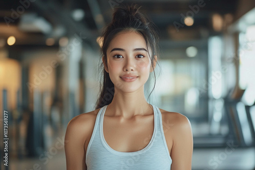 A young Asian woman in an exercise outfit with a fitness background. Free Download A young Asian woman in an exercise outfit with a fitness background. - GFXLoad