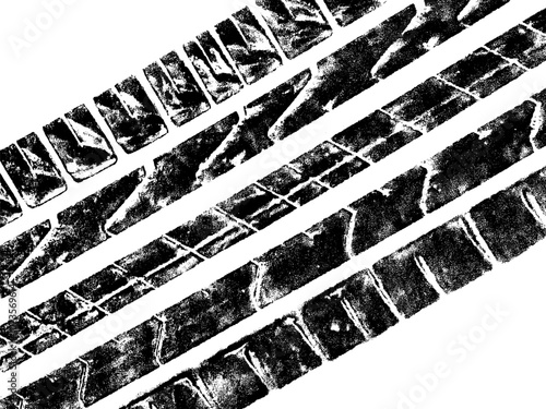 Mud tire tracking. Dirt track from the car wheel protector. Tire mark silhouette. Grunge overlay texture. Abstract black pattern. Vector illustration, EPS 10.