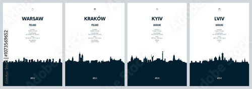 Travel vector set with city skylines Warsaw, Krakow, Kyiv, Lviv detailed city skylines minimalistic graphic artwork