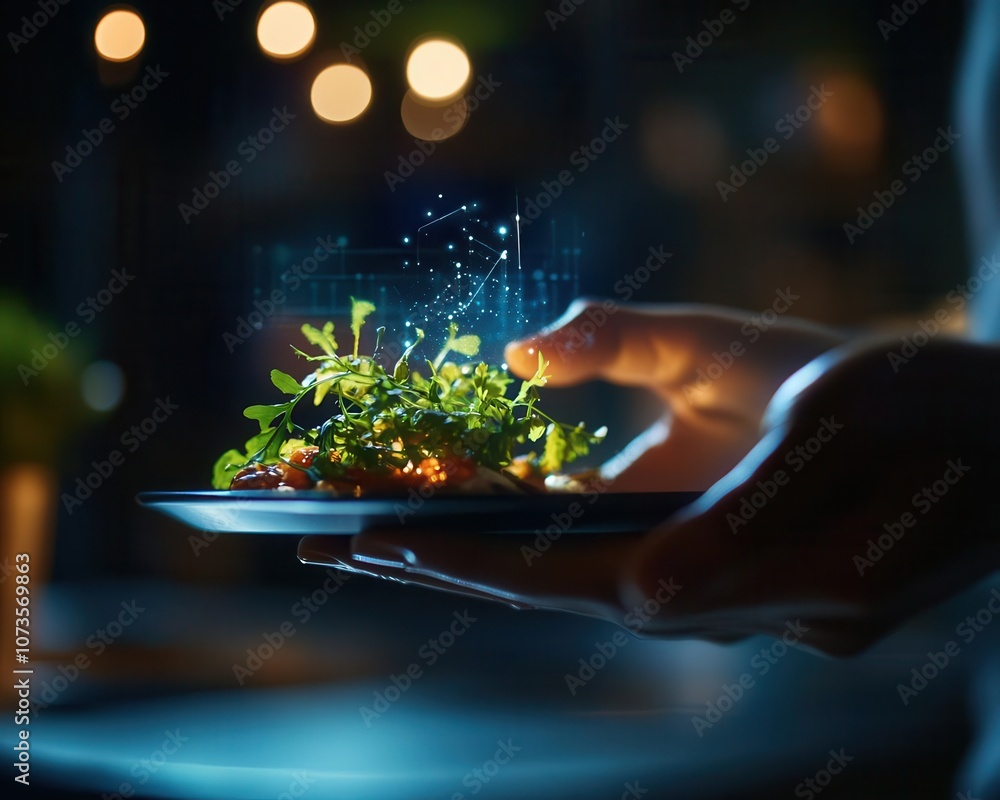 A close up image of a chef s hand holding a plate with a green salad and digital particles representing the future of food technology