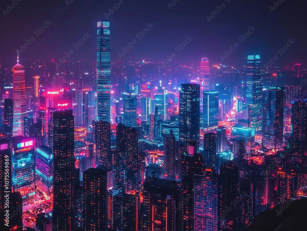 Fototapeta premium futuristic neon cityscape at night, vibrant colors illuminating towering skyscrapers, bustling streets filled with energy, and a sense of wonder and possibility in a high-tech metropolis