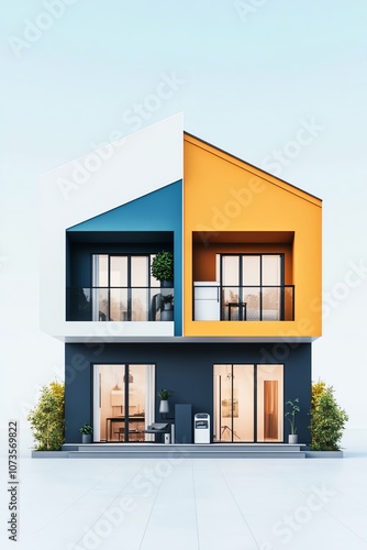 Modern two-story house with colorful facade.