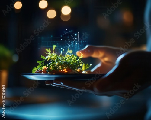 Obraz na płótnie A close up image of a chef s hand holding a plate with a green salad and digital particles representing the future of food technology w salonie