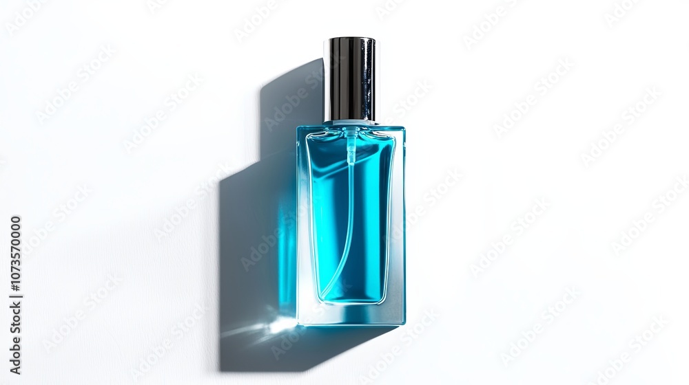 Elegant mockup of a blue perfume bottle with reflective glass, casting a bold shadow on a white background. Elegant mockup of a blue perfume bottle with reflective glass, casting a bold shadow on a white background.