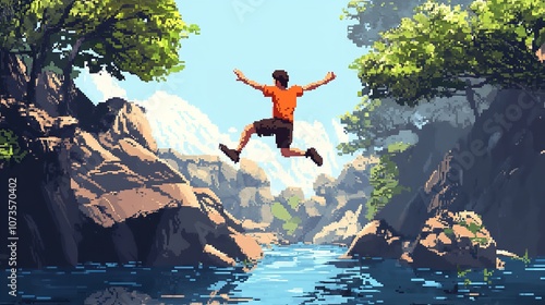 A Pixel Art Depiction of a Cheerful Male Character Jumping

 photo