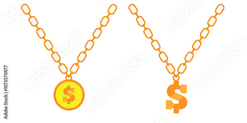 Dollar Coin and Sign on Chain Necklace. Jewelry and wearable items made of gold vector art