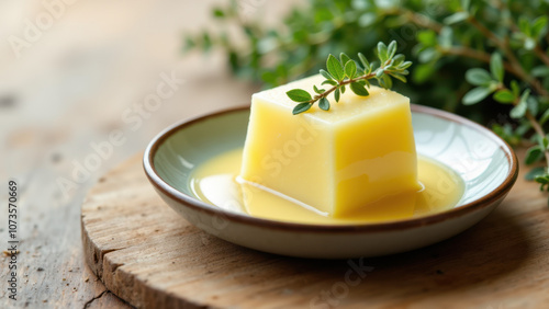 A block of yellowish beef tallow resting on a white plate with a sprig of rosemary nearby.