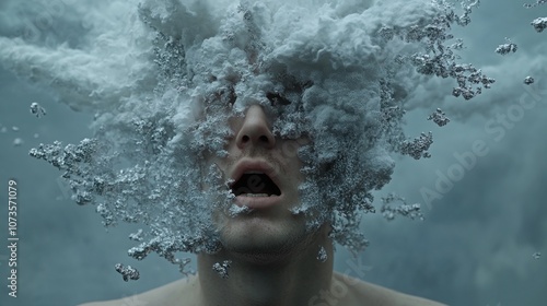 A Person Emerges From Water With Bubbles Engulfing Their Head, Creating a Surreal Underwater Moment at Twilight, Capturing the Essence of Awe and Mystery