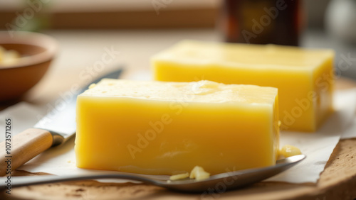 A block of yellow beef tallow on a cutting board with tools used for cooking.