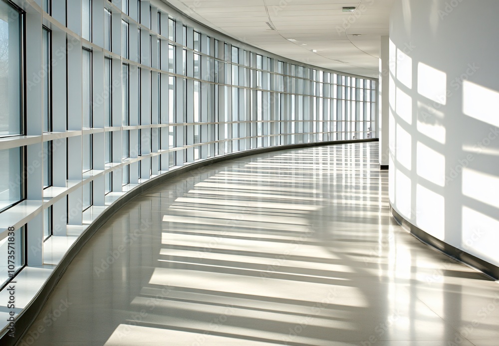Modern Office Corridor with Sunlight Streaming Through Windows Modern Office Corridor with Sunlight Streaming Through Windows