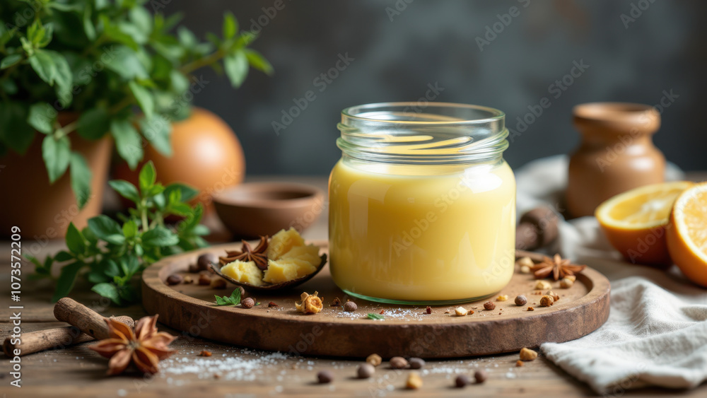 A jar of golden yellow beef tallow on a rustic wooden surface with dried spices and herbs around it, suggesting homemade or artisanal production. A jar of golden yellow beef tallow on a rustic wooden surface with dried spices and herbs around it, suggesting homemade or artisanal production.