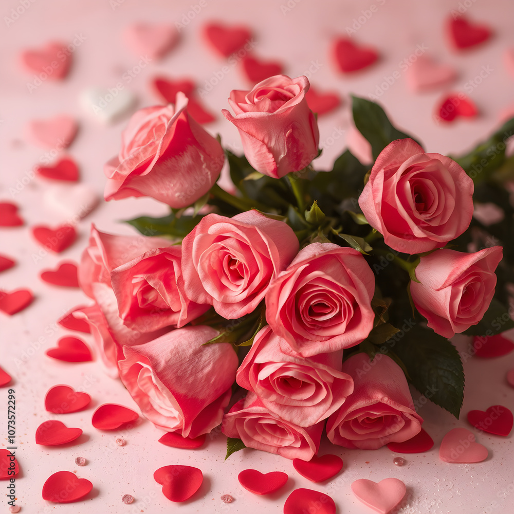 Design concept - top view of red rose petal pattern on pink background with circle shape for mother, wedding and valentine day mockup