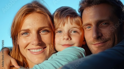 Family Enjoying a Joyful Moment Outdoors With Bright Smiles, Embracing Each Other Under a Clear Blue Sky During a Sunny Afternoon