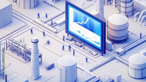 White and blue isometric illustration of an industrial plant with data charts above it photo