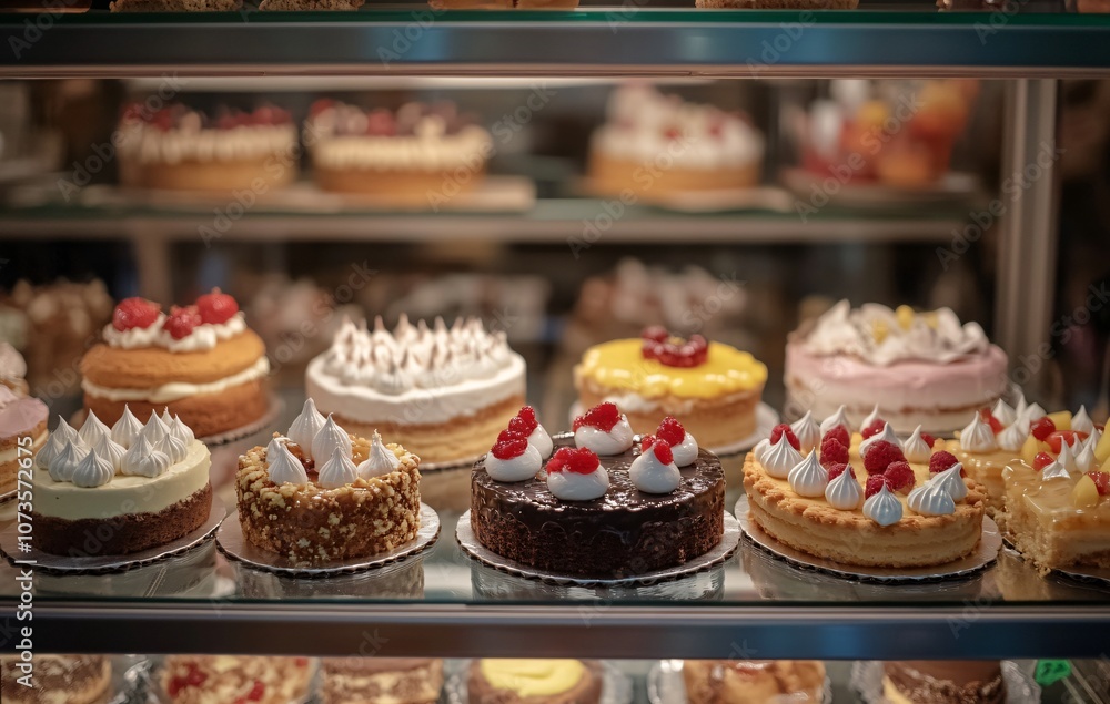 Assortment of Delicious Cakes in Bakery Display Case Assortment of Delicious Cakes in Bakery Display Case