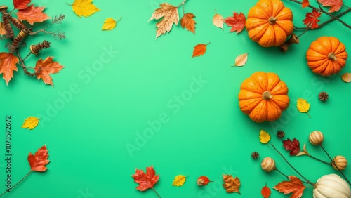 Vibrant Autumnal Delight: Celebrate Fall with Pumpkins and Leaves on a Teal Background, Perfect for Autumn Decor and Seasonal Wallpapers photo