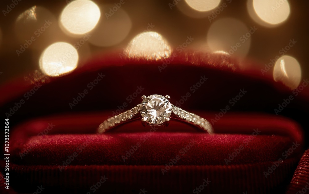 Close-up of a diamond engagement ring in an elegant velvet box, surrounded by a blurred bokeh background. Close-up of a diamond engagement ring in an elegant velvet box, surrounded by a blurred bokeh background.
