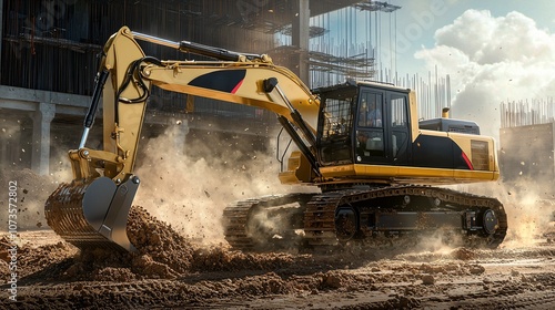 A powerful yellow excavator digging in a construction site, surrounded by dust and debris, showcasing machinery in action under a bright sky.