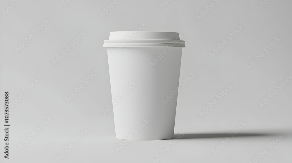 A white, disposable coffee cup with a lid, standing on a white surface, casting a shadow. A white, disposable coffee cup with a lid, standing on a white surface, casting a shadow.