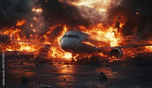 A Plane is on Fire After Crashing - A Realistic Photo in the Clouds

 photo