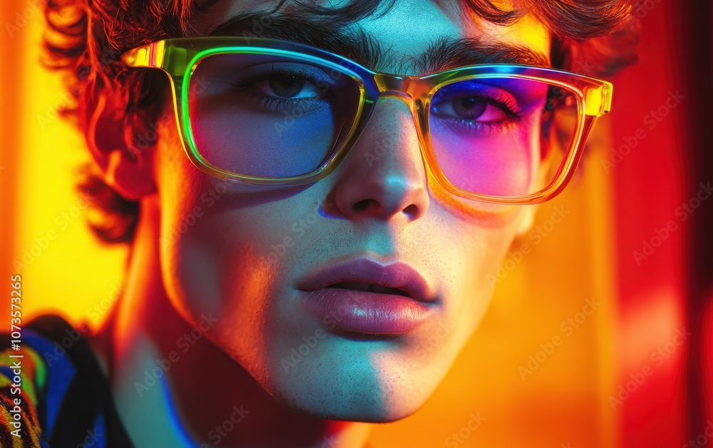 Close-up of a fashionable young man wearing colorful glasses with neon lights and a retro background. Close-up of a fashionable young man wearing colorful glasses with neon lights and a retro background.