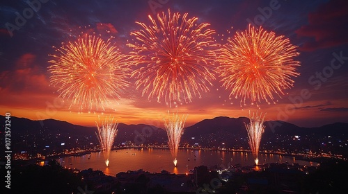 big fireworks over the lake photo