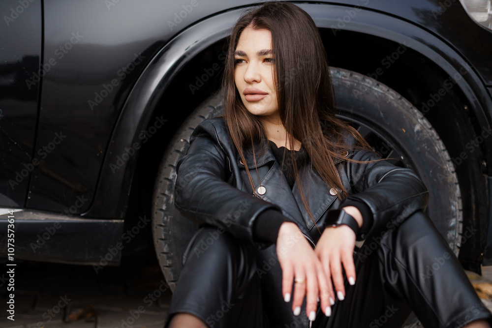 Stylish Woman in a Black Leather Jacket Sitting by a Car Stylish Woman in a Black Leather Jacket Sitting by a Car