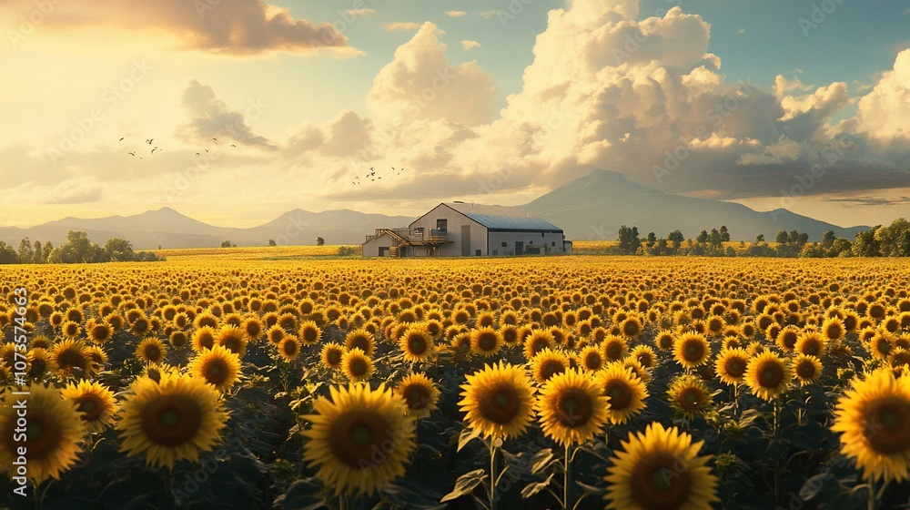 Obraz premium A white farmhouse stands in a field of sunflowers at sunset, with mountains in the distance.